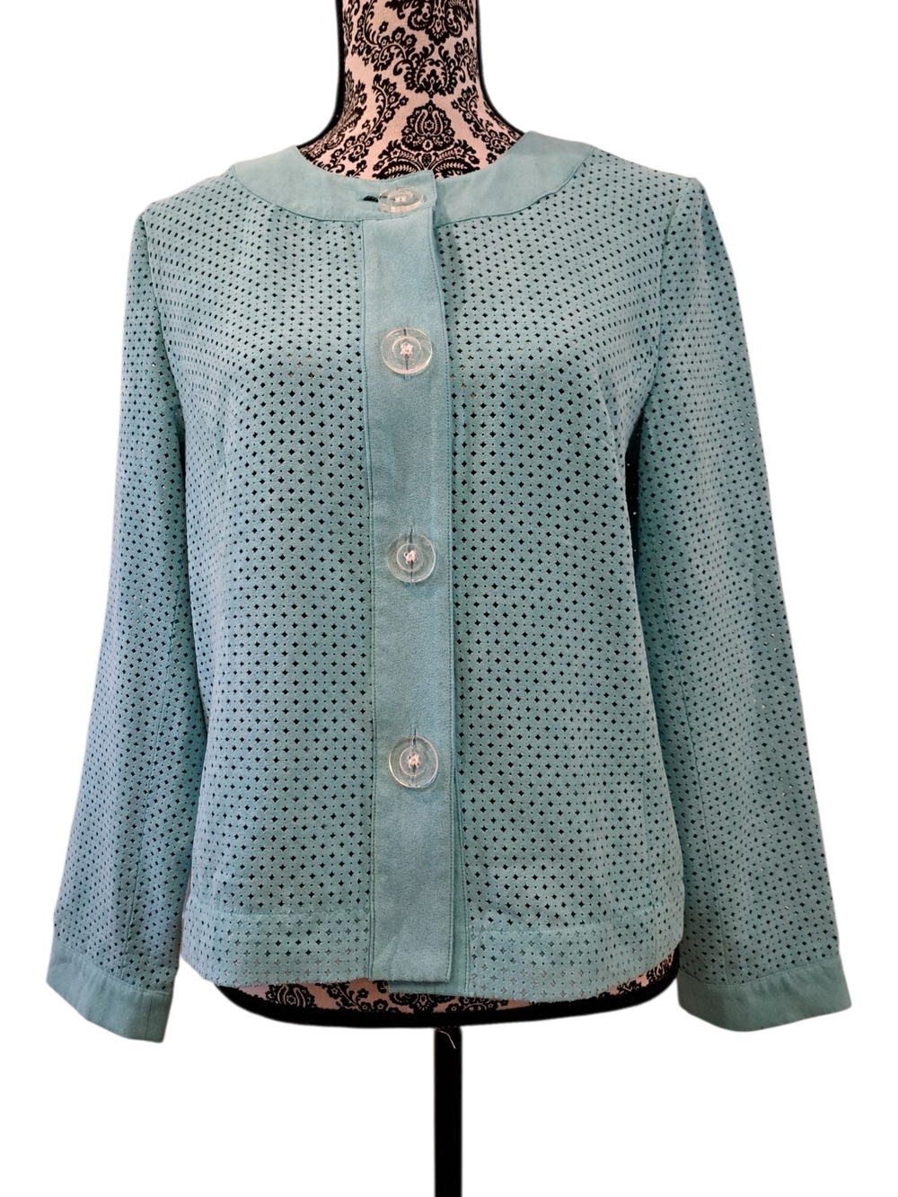 R.Q.T eyelet Perforated Aqua Blue Button-Front Women's Blouse Size S